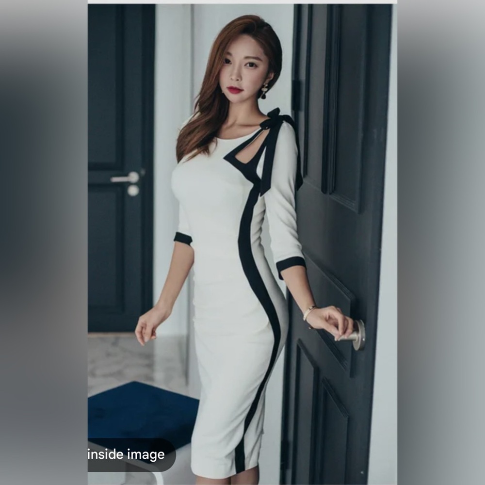 Black and White Cocktail Dress with Asymmetrical Sleeves